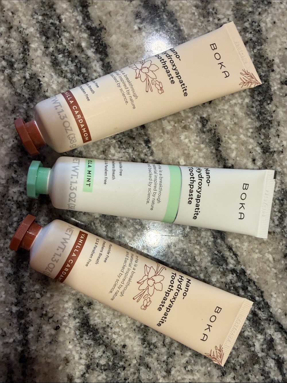 New sealed BOKA Toothpaste Trio in Ella Mint and vanilla cardamom. 1.3 oz each